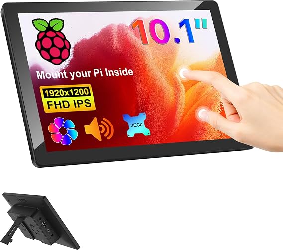 MAGEX 10.1 Inch Touch Screen Monitor with Case - pi screen IPS FHD 1920x1200, 10-Point, pi display with HDMI Dual-Speaker, pi touchscreen for Pi 5/4/3/2/Zero/Win11/10/8/7/VESA, Fan, Stand, Driver-Free