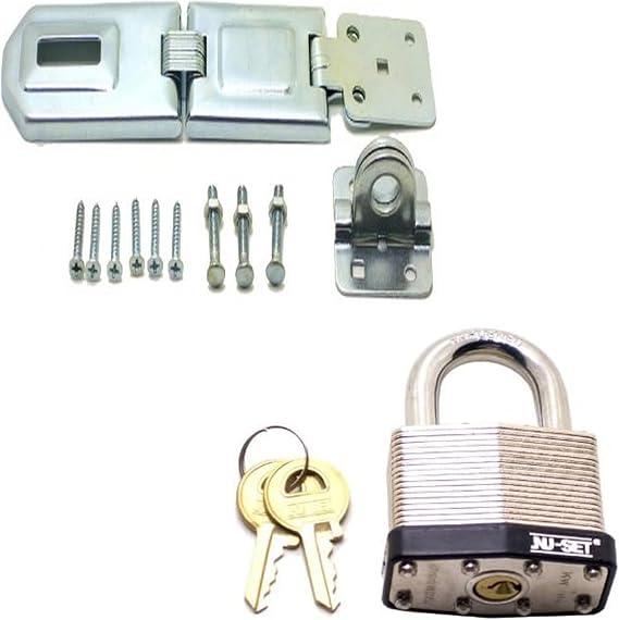NU-SET Heavy-Duty Security Set | 1-1/2" Laminated Steel Padlock with 7-1/2" Single Hinged Steel Hasp | Corrosion-Resistant Lock & Hasp Combo for Doors, Gates, Sheds & Lockers