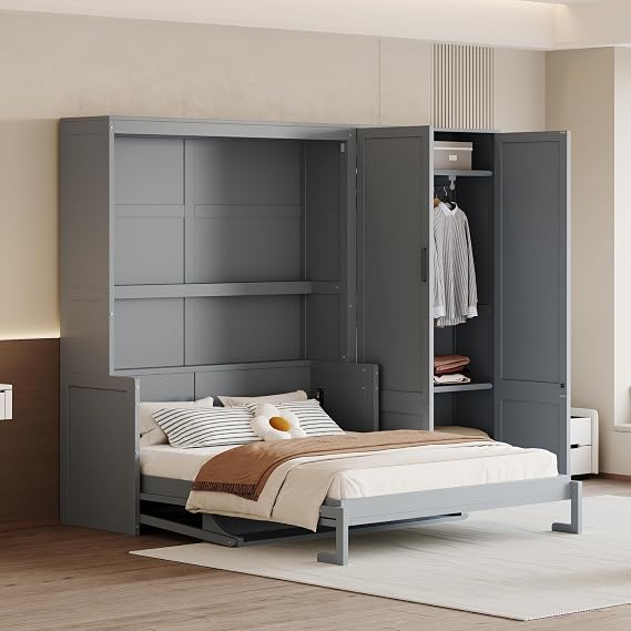 Elegant Queen Size Murphy Bed Wall Bed with Closet, MDF+lvl Construction Gray