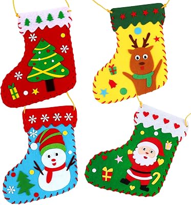 HKKYO Christmas Felt Crafts DIY Felt Christmas Stocking Kit Xmas Stockings with Snowman Xmas Tree Ornament Create Your Own ChristmasStocking Holiday Decorations for Home Party4 Pcs