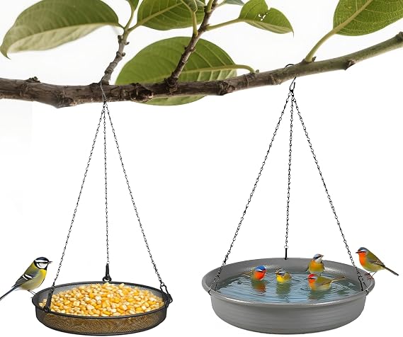 Hniuyun Hanging Bird Bath and Feeder for Small Birds - Metal Seed Tray with Plastic Water Bowl, Outdoor Garden Decor Accessory
