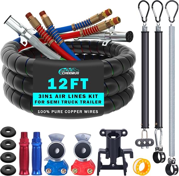 CheeMuii 12FT Semi Truck Air Lines Kit 3-in-1 Air Hoses for Truck Trailer