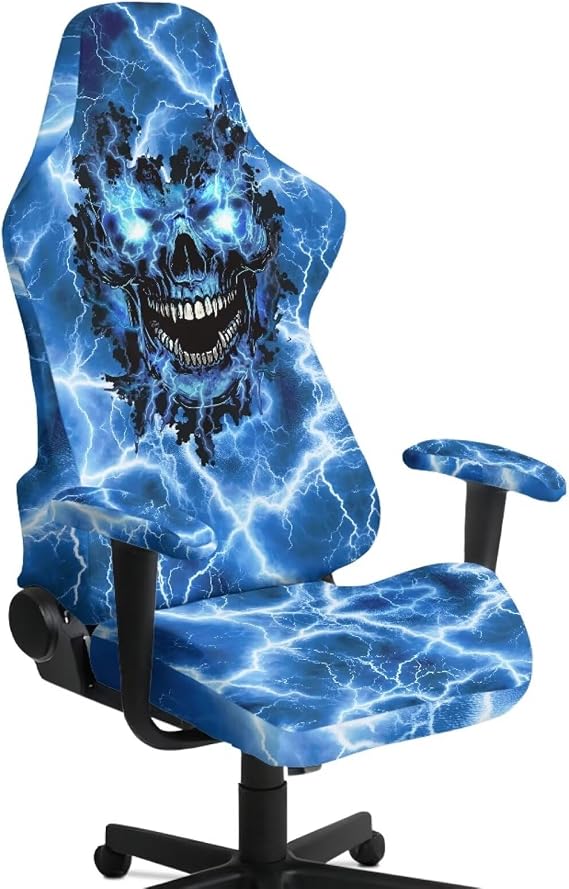 Blue Lightning Skull Racing Computer Chair Slipcover Breathable 4 Pcs Gaming Chairs Seat Cover Stretchable & Easy Installation Gaming Chair Protector for Gamer Chairs