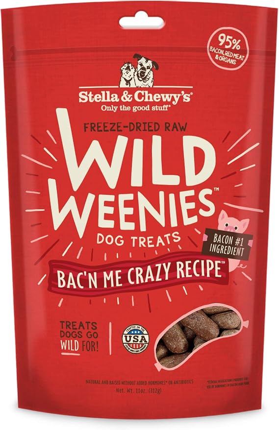 Stella & Chewys Freeze-Dried Raw Wild Weenies Dog Treats - High-Protein Training Treats for Dogs & Puppies - All-Natural Bacon Recipe with 95% Meat & Organs - USA Made - 11 oz Bag