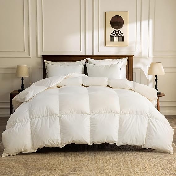 BPC Heavyweight Organic Feather Down Comforter California King, Hotel-Luxury Extra Fluffy Duvet Insert with Cotton Cover and Puffy Feather Down Filling for Winter, Ivory White, 104x96 Inches