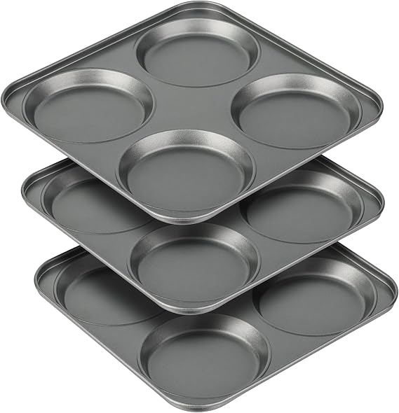 Tiawudi Muffin Top Pan, 4-Cup Hamburger Bun Pan, Large Whoopie Pies Pan, Non-Stick Bakeware for Eggs, Cornbread, Small Cake Layers and Drop Cookies, Set of 3