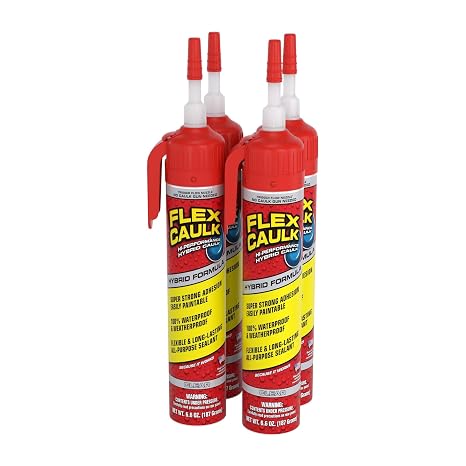 Flex Caulk, Waterproof & Weatherproof Hybrid Polymer Sealant, Strong, Paintable, Indoor, Outdoor, Bath, Shower, Sink, Window, Baseboards, Door, RV, Roof, Wood, Auto & Marine, Clear, 6.6 oz, Case of 4