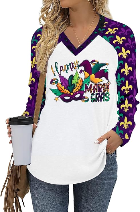 Mardi Gras Shirts for Women: Tuesday Shirt Funny Mask Graphic Tee Carnival Long Sleeve Shirt New Orleans Party V Neck Top
