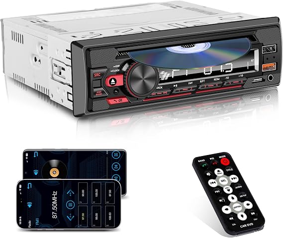 Single DIN CD/DVD Car Stereo Bluetooth, Push-to-Talk, App Control, FM/USB | Hands-Free Calling, AUX/SD Playback, 7-Color Backlit Display, iOS & Android Compatible, App-Controlled Digital Media Receiver