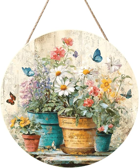 Door Hanging Decoration. Retro Country Bloom Wooden Sign, Potted Daisies, Butterflies & Script Wall Decor For Livingroom, Garden Nook, Community Flower Festival. 12x12 Inches