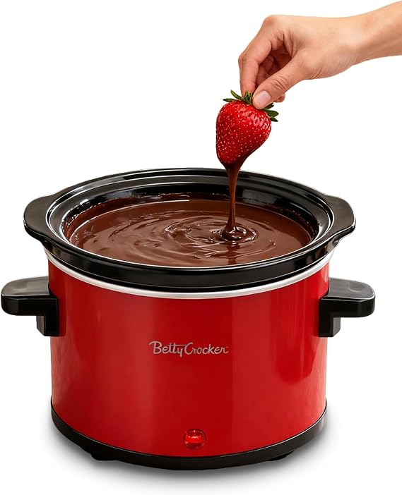 Betty Crocker 0.7-Quart Mini Slow Cooker & Chocolatier, BC-2555R, Red | Simmer Pot, Electric Pot with Removable Stoneware Crock, Cool Touch Handles, Tempered Glass Lid, Perfect for Fondue & Dips