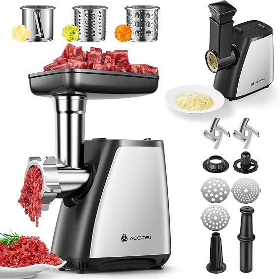 AAOBOSI 4-in-1 Meat Grinder Electric [2800W Max], Vegetable Cheese Grater | 3 Slice, Shred Blades,2 Blades,3 Plates,Sausage Stuffer,Kubbe Kit, for Home Kitchen Use, Stainless Steel