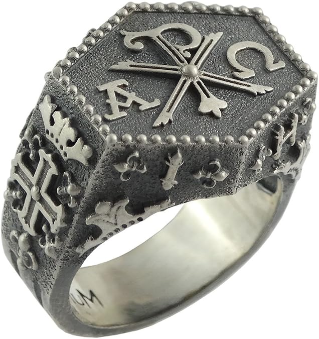Knight Templar Masonic Chi Rho Silver 925 Alpha Omega Cross of Constantine Men Ring