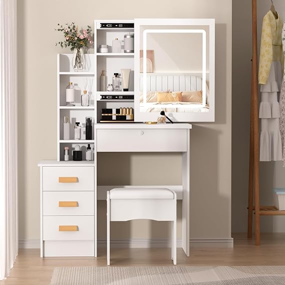 Vanity Desk Lighted Mirror, Makeup Vanity 4 Drawers and Lock, Sliding Mirror 3 Color Lights, Dressing Table for Bedroom, Compact Storage for Jewelry and Makeup White L