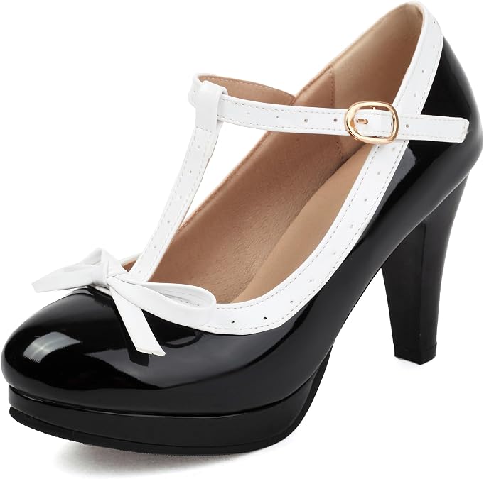 ForeMode Fashion Women T-Strap High Heels Bow Platform Round Toe Pumps Leather Summer Sweet Shoes