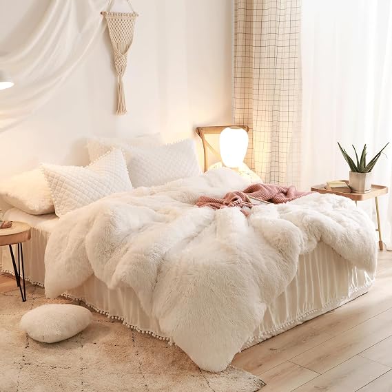Beige Fluffy Comforter Cover Set, Faux Fur Comforter Set (1 Plush Duvet Cover) Luxury Shaggy Bedding 1 Pieces,Zipper Closure (Beige, Queen)