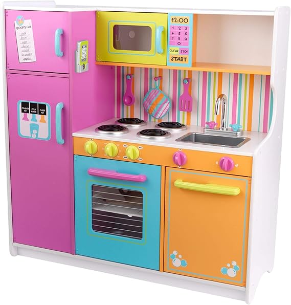 KidKraft Deluxe Big and Bright Wooden Play Kitchen with Play Phone, Click & Turn Knobs and Neon Colors, Gift for Ages 3+ 40.75" x 26.75" x 36.25"