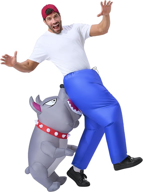 Spooktacular Creations Inflatable Dog Costumes for Adults, Biting By a Bulldog Blow up Outfit, Inflatable Puppy with Pants Suit for Halloween Cosplay Themed Parties, Gray, X-Large(75In)