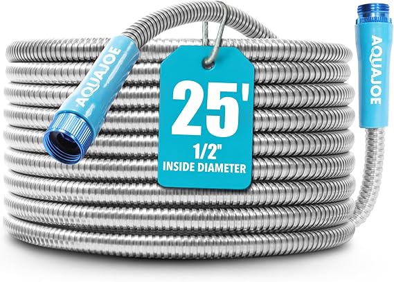 Aqua Joe AJSGH25 1/2-Inch Heavy-Duty, Puncture Proof Kink-Free, Spiral Constructed 304-Stainless Steel Metal, Garden Hose, 25-Foot