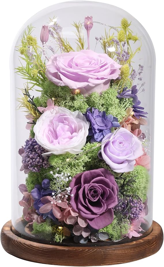 lovenfold Flowers for Delivery Preserved Flowers Rose in Glass Dome,Lilac Rose Forever Flowers Birthday Gifts for Women Mom Grandma Friend Gifts for Her,Home Decor