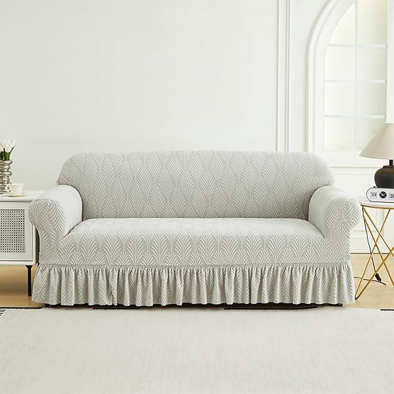 Leaf Jacquard Sofa Covers Slipcover Ruffled Skirt Couch Covers Washable Furniture Cover Sofa Bed Cover For Living Room Chair Loveseat Sectional Sofa 2024(Light gray,3 seaters(185-230cm))