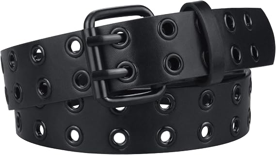 maikun Grommet Leather Belts for Men, Black Puck Studded Belt for Women