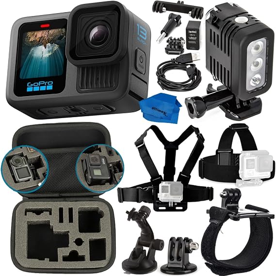 SSE HERO13 Black Waterproof Action Camera Bundle Includes LED Light, Chest Strap, Head Strap, Wrist Strap, Case, Suction Cup & Much More