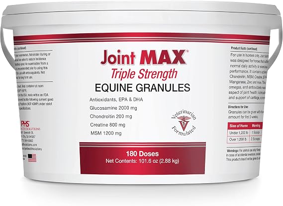 Joint MAX Triple Strength EQ GRANULES for Horses - Support Joint Health - Glucosamine, Chondroitin, Creatine & MSM - Vitamins, Minerals, Omega 3 Fatty Acids, Antioxidants - 180 Doses