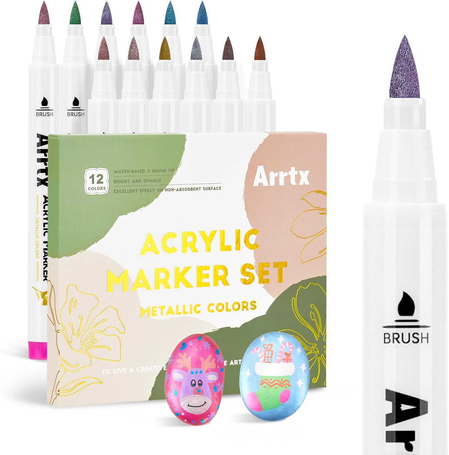 Arrtx 12 Colors Metallic Acrylic Paint Pens for Rock Painting, Extra Fine Tip Metallic Brush Marker for Rock Painting, Ceramic, Glass, Canvas, Mug, Wood, Easter Egg, Waterproof Paint DIY Crafts Making