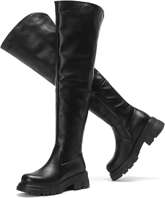 Black Thigh High Boots For Women Platform Slouch Over The Knee Fall Boots Lug Sole Low Chunky Heel Curve-friendly