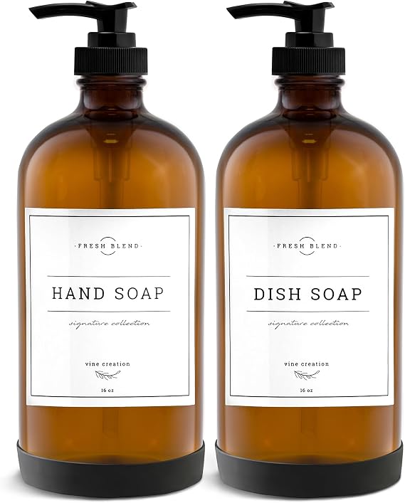 Vine Creations Amber Glass Soap Dispenser, 2 Pack Kitchen Soap Dispenser Set with Rustproof Pump, 16 oz Dish Soap and Hand Soap Dispensers for Bathroom with Waterproof Labels