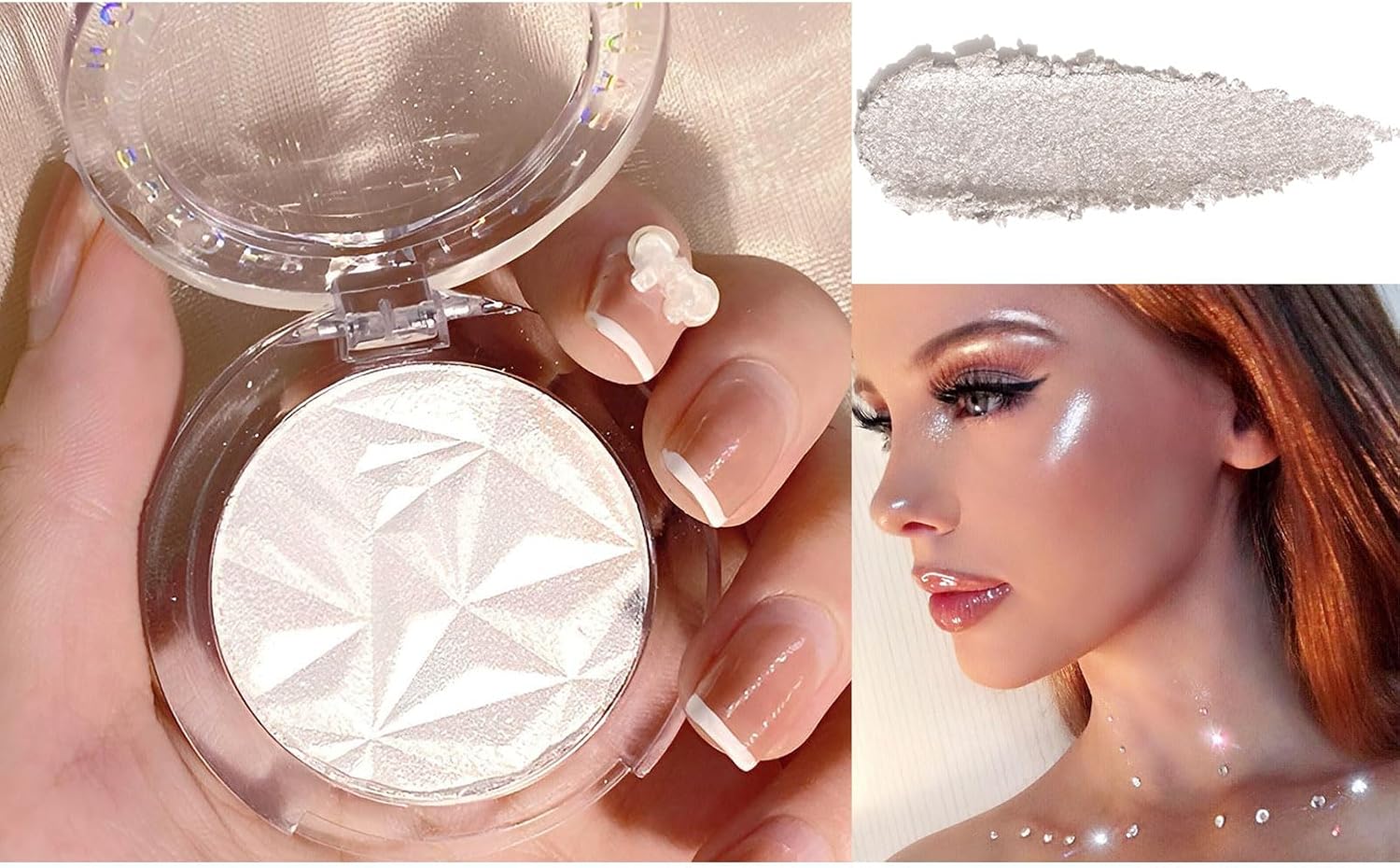 Highlighter Powder Makeup Palette, Diamond Shine Highlighter, Face Highlighter Palette, Long Lasting Lightweight Shimmer Colors for Highlighting and Contouring Pearl White