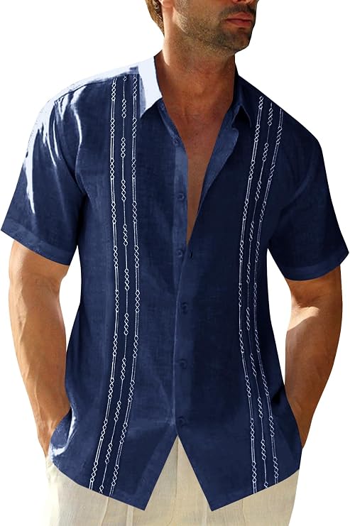 Runcati Mens Short Sleeve Guayabera Shirts Linen Button Down Cuban Shirt