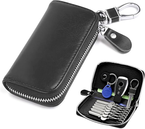 Leather Car Key Holder Bag, Car Key Case, Black | Unisex Key Fob Case with 6 Hooks, Zipper Closure Keychian Case Wallet for Smart Keys, Car Key Holder Wallet for Men Women