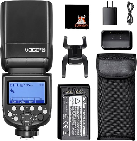 GODOX V860III-N Camera Flash i-TTL 76Ws Power 1/8000s High-Speed Sync GN60 1.5s Recycle Time, 2W Modeling Lamp 5300K200K Color Temperature, Quick-Release Lock, Suitable for Nikon Series Cameras