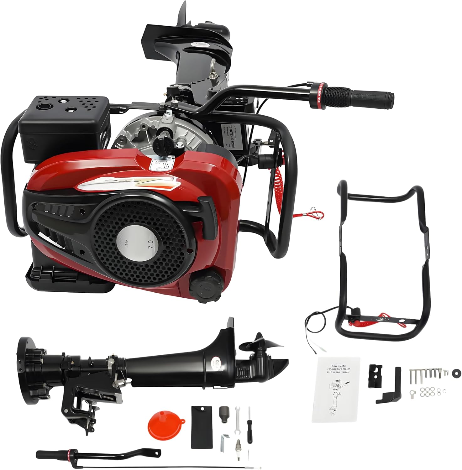 7HP 4-Stroke Outboard Motor - 196CC Heavy Duty Boat Engine with Air Cooling & TCI Ignition, Manual Start for Fishing Boats, Inflatables & Small Watercraft