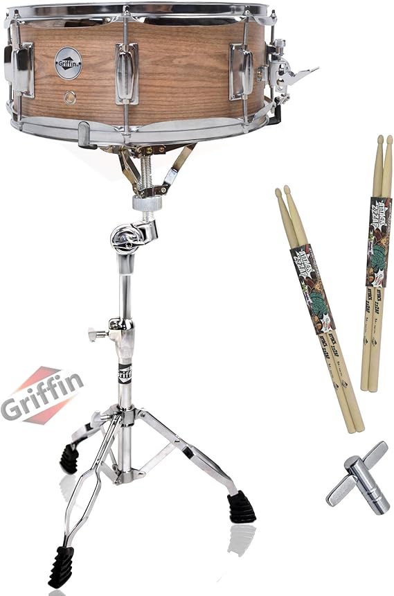 GRIFFIN 14" x 5.5" Snare Drum Kit (PoplarPro Edition) Wood Shell with Stand, 2 Pairs of Maple Sticks, Key, 8 Metal Lugs & Throw Off Strainer Practice Setup