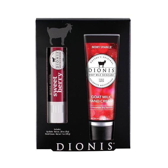 Dionis Goat Milk Moisturizing Hand Cream and Lip Balm Set, Berry Sparkle