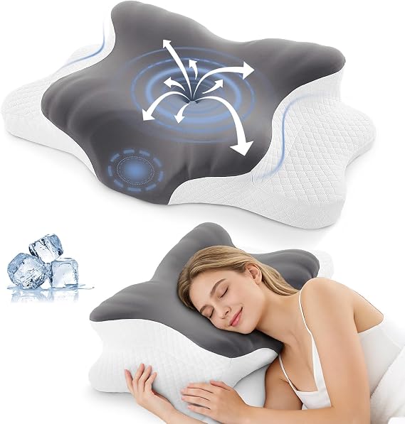 BRO Ergonomic Memory Foam Pillow with Cooling Ice-Silk Pillowcase | Neck Support Orthopedic Pillow for Side Sleepers, Back, Stomach, Cervical Pillow with 2 Heights & Widened Armrest Design