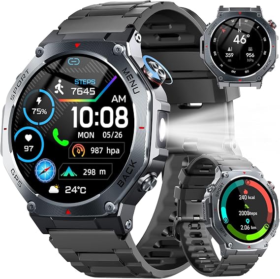 Jugeman Military Smart Watch for Men Built-in GPS with LED Flashlight-Black