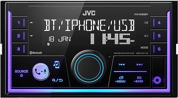 JVC KW-SX88BT Bluetooth Double DIN Car Stereo, 200W Digital Stereo Receiver, AM/FM Radio, Dual Phone Connection, 13-Band EQ, 1.5A USB & AUX Inputs, Custom Color Illumination, Shallow Chassis