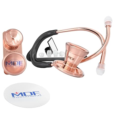 MDF Instruments ProCardial Cardiology Stainless Steel Dual Head Adult-Pediatric Stethoscope with Adult Cardiology Bell Convertible Attachment - Free-Parts-for-Life (MDF797DD) (Rose Gold/Black)