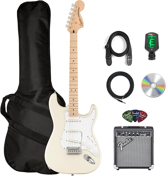 Fender Squier Affinity Stratocaster - Olympic White Bundle with Frontman 10G Amplifier, Gig Bag, Tuner, Instrument Cable, Strap, Picks, and Austin Bazaar Instructional DVD