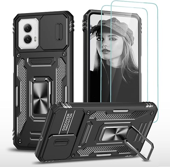 Jeylly for Moto G Power 5G 2024 Case with [2 Pack] Screen Protector, Black | Built-in Kickstand & Slide Camera Cover Military Grade Shockproof Protective Phone Cover for Moto G Power 5G 2024