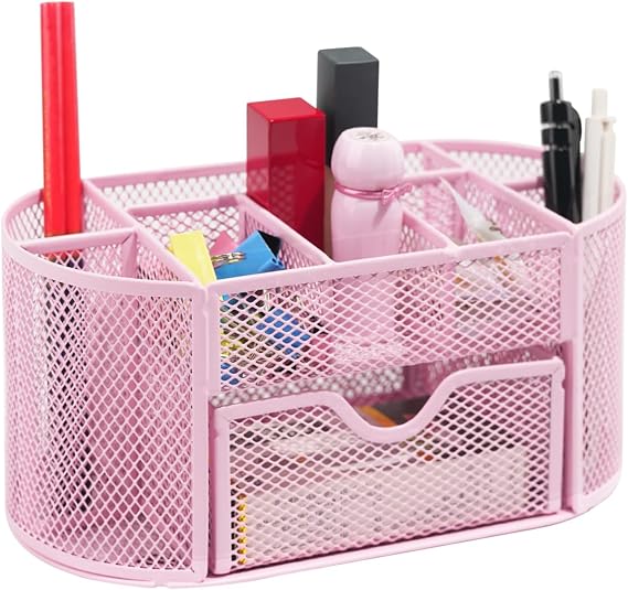 Newkita Desktop Organizer with Pencil Pen Holder and Accessories Offering 8 Compartments and 1 Drawer for Home, School and Office. (Cherry Blossom Pink)
