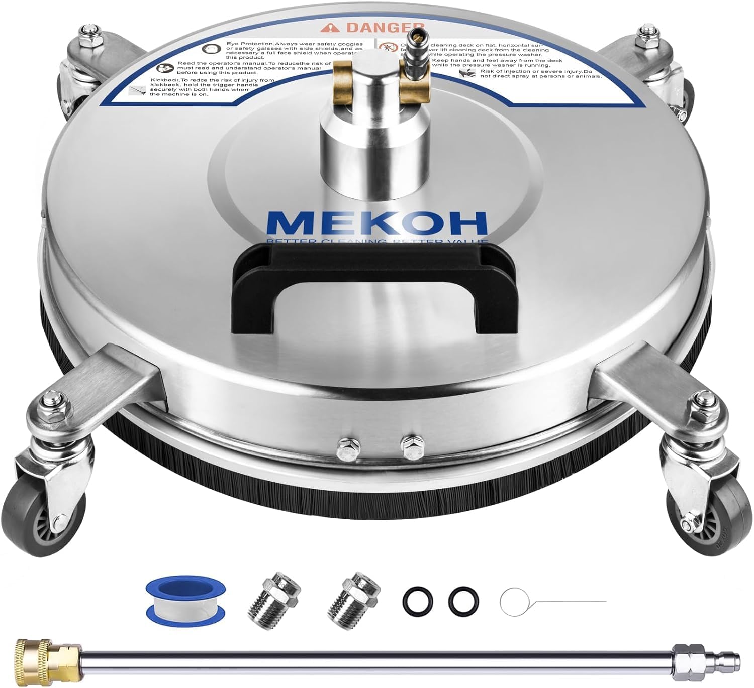 MEKOH 14" Heavy-Duty Pressure Washer Surface Cleaner - Stainless Steel Rotary Flat Surface Cleaner, Jet Wash Patio Cleaner Attachment for Driveway, Decking, Large Areas - Easy 4-Wheel Move, 4500 PSI