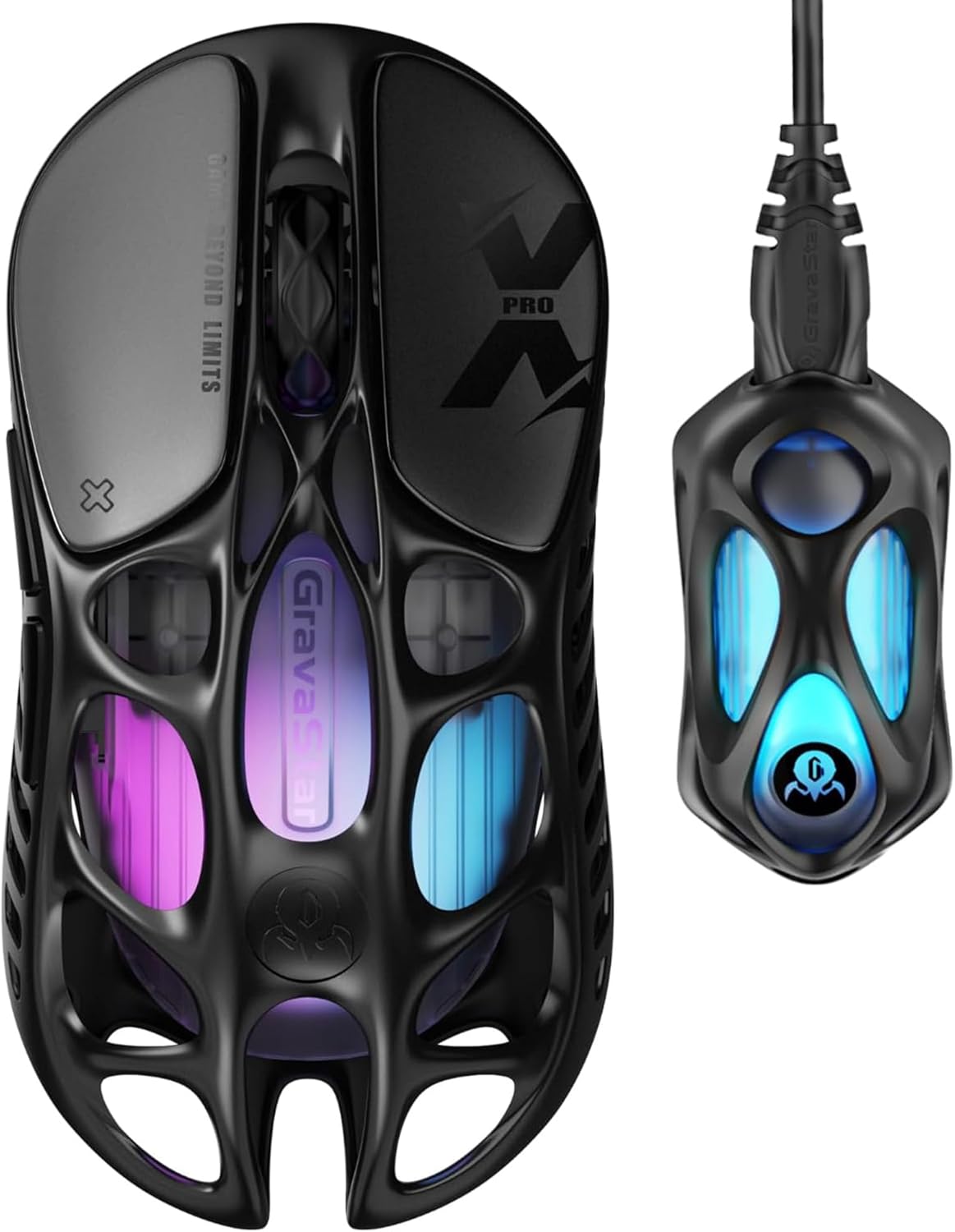 GravaStar Mercury X Pro Wireless Gaming Mouse - 32,000 DPI PAW 3950 Sensor, 8,000Hz Polling Speed, Magnesium Alloy Hollow Frame, RGB Lighting, 5 Programmable Buttons, Three Modes Black