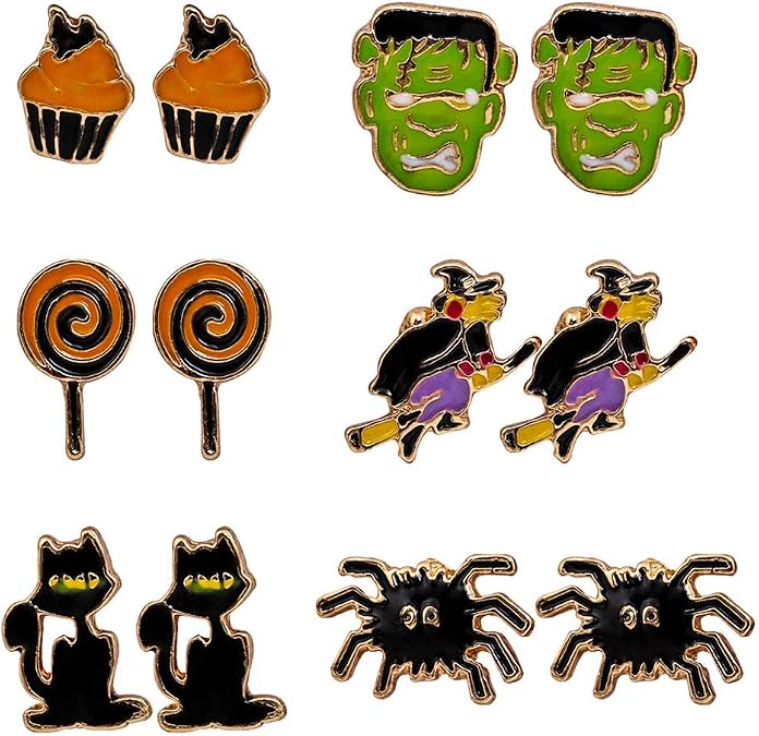 6 Pair Halloween Earrings Set Frankenstein Spider Cupcake Broomstick Lollipop Cat Stud Earrings for Women (B Skull Cat)