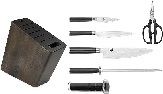 Shun Classic 7 Piece Dark Block Set with Sharpener | Includes 8" Chef, 3.5" Paring, 6" Utility Knives, Shears & Honing Steel, Handcrafted, Pakkawood Handle