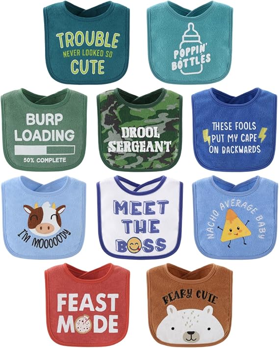 The Peanutshell Baby Boy Terry Bibs Set of 10-100% Cotton, Soft, Absorbent Baby Bibs, Toddler Boy Set, Newborn & Infant Bib - Oh Boy!